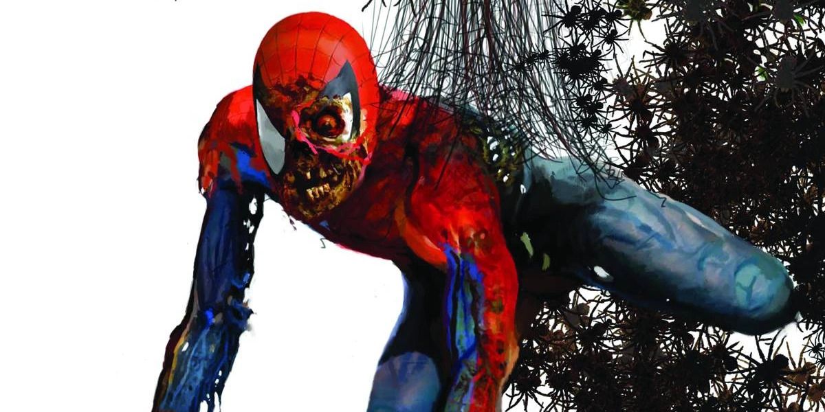 Zombie Spider-Man from Marvel Zombies with black webs in the background