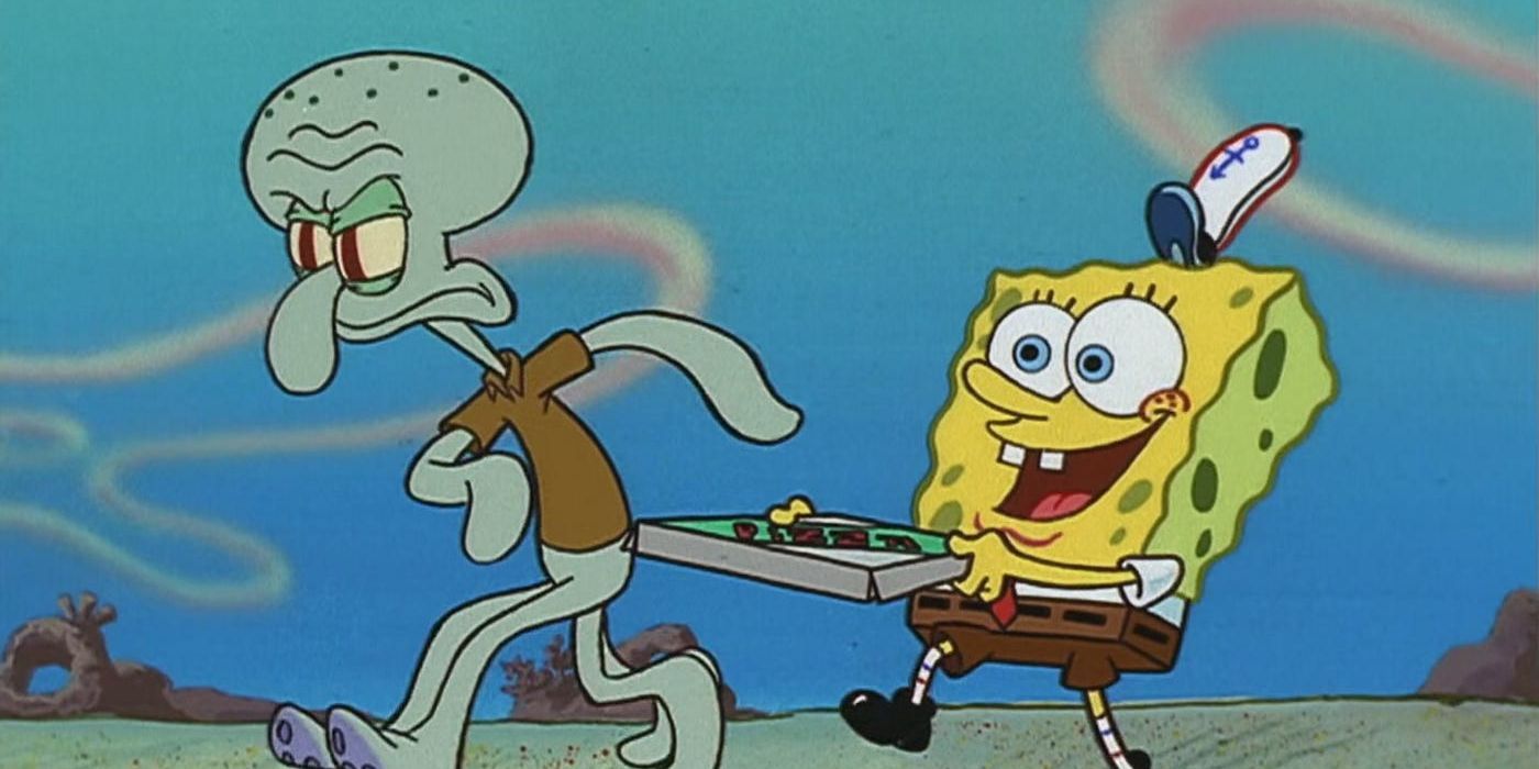 Squidward walks frustratedly with SpongeBob to deliver a Krusty Krab pizza