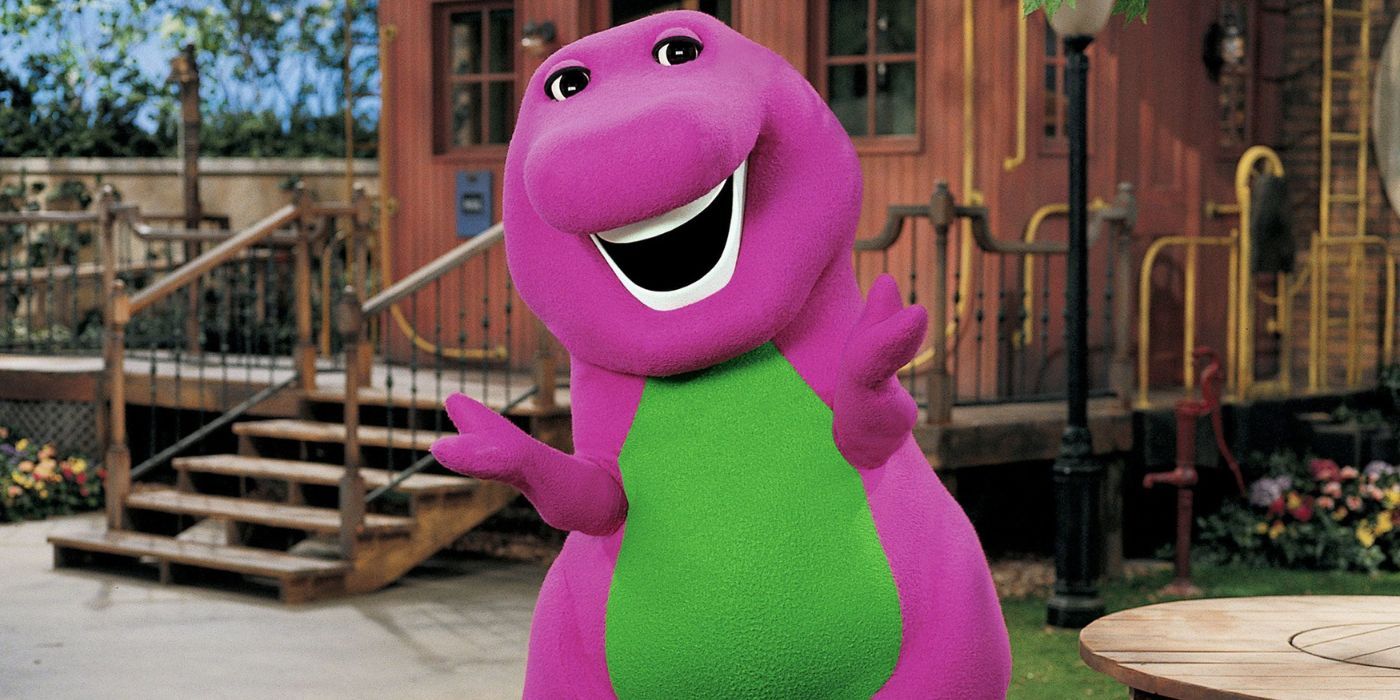Barney the Purple Dinosaur outside of his home