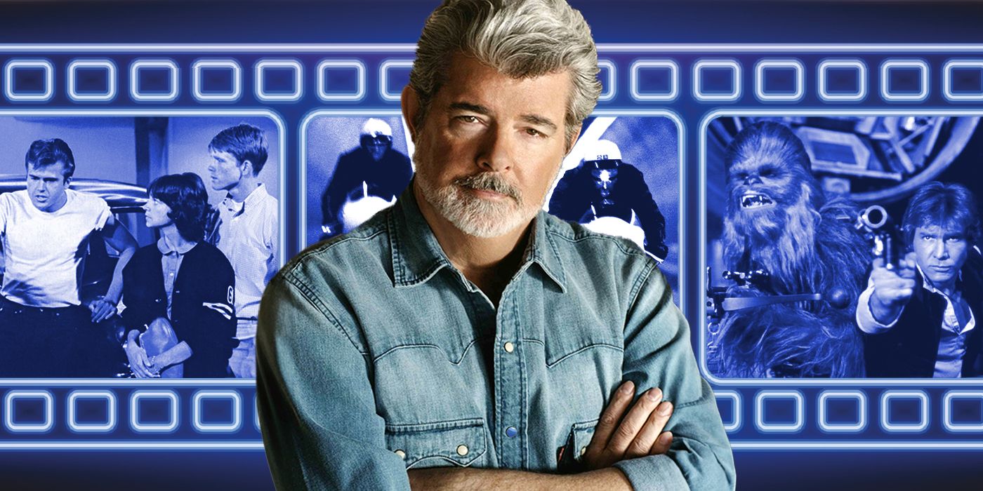 George Lucas in the foreground, the background consists of film featuring stills from: American Graffiti, THX 1138, and Star Wars IV: A New Hope