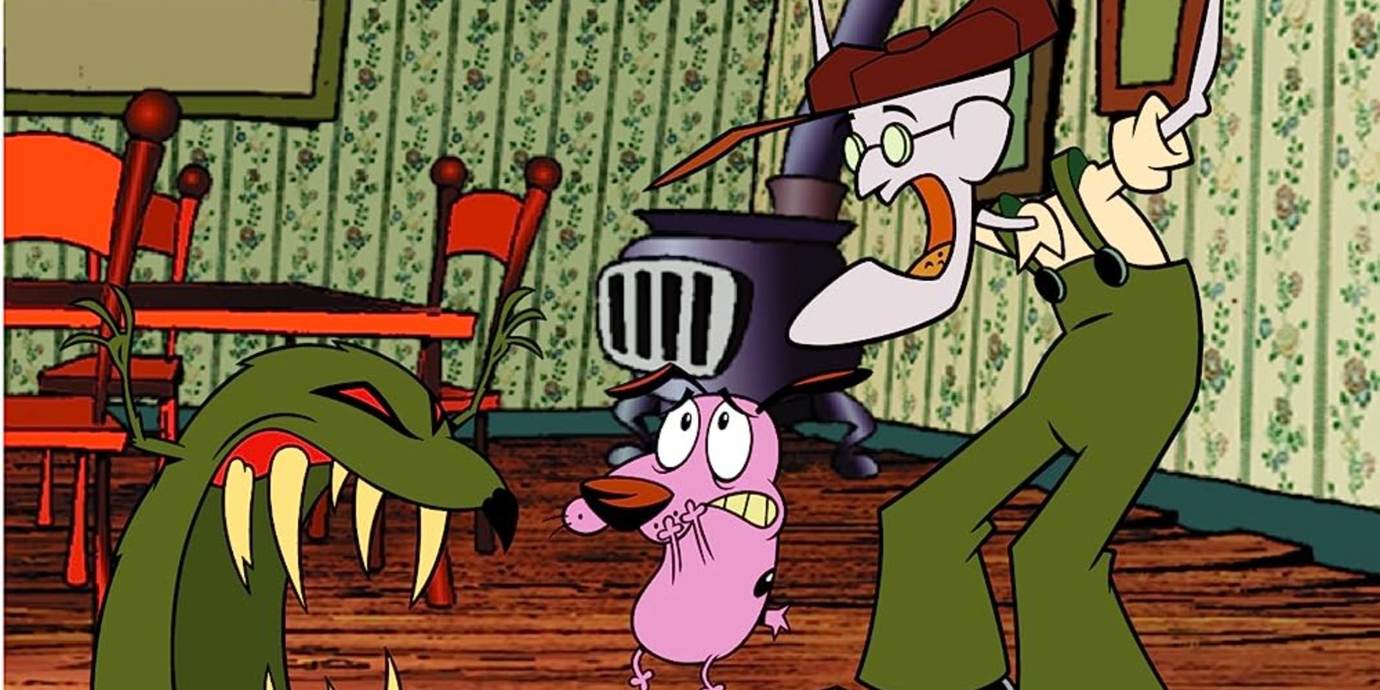 A monster, Courage, and Eustace in Courage the Cowardly Dog