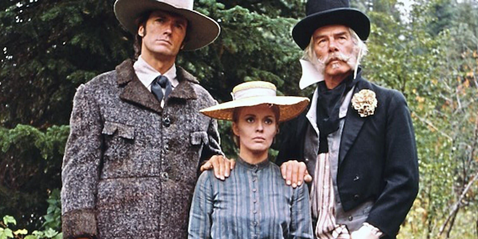 Clint Eastwood, Jean Seberg, and Lee Marvin pose as central throuple in 'Paint Your Wagon'