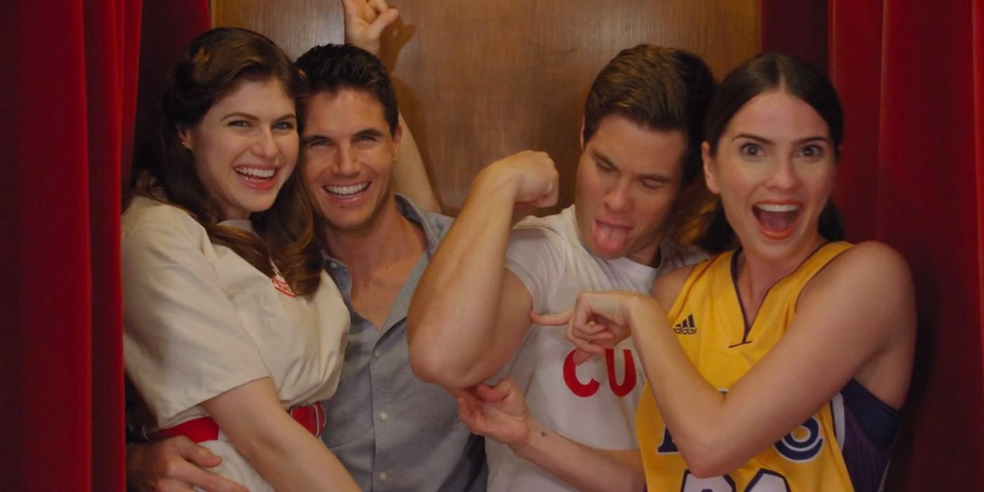 Adam DeVine as Noah and Alexandra Daddario as Avery in When We First Met (2018) , Shelly Hennig as Carrie and Robbie Amell as Ethan