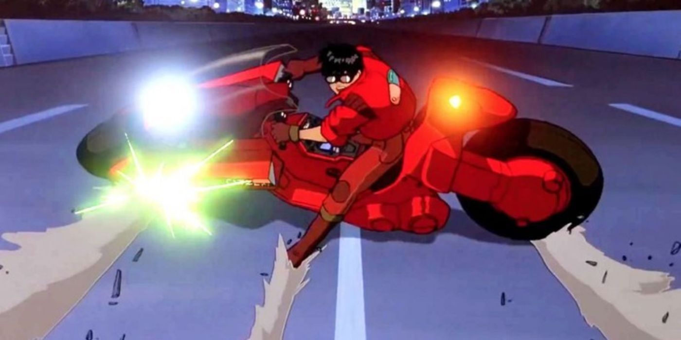 Shotaro Kaneda riding his motorcycle to a skidding halt in Akira