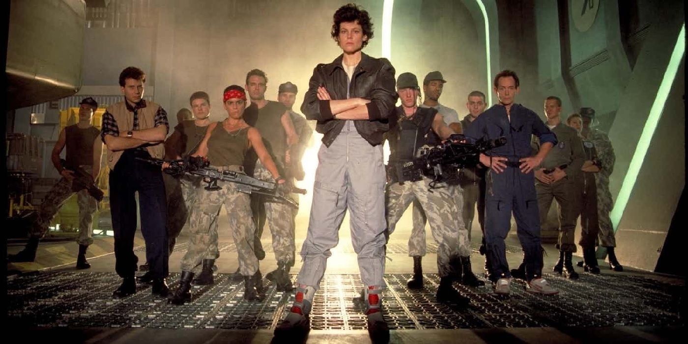 Ellen Ripley (Sigourney Weaver) and the crew of the Sulaco from 'Aliens'