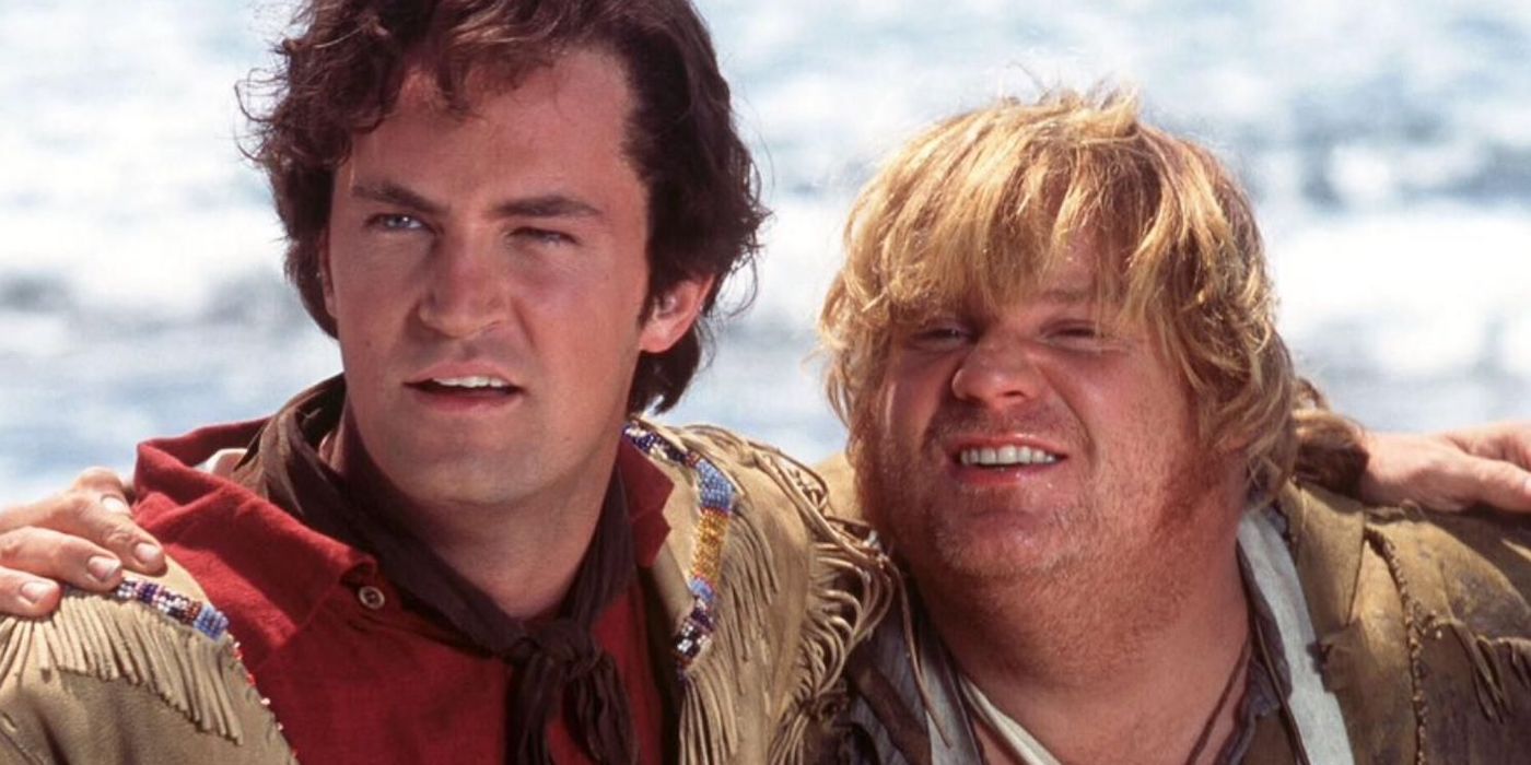 Chris Farley and Matthew Perry standing on a beach in Almost Heroes