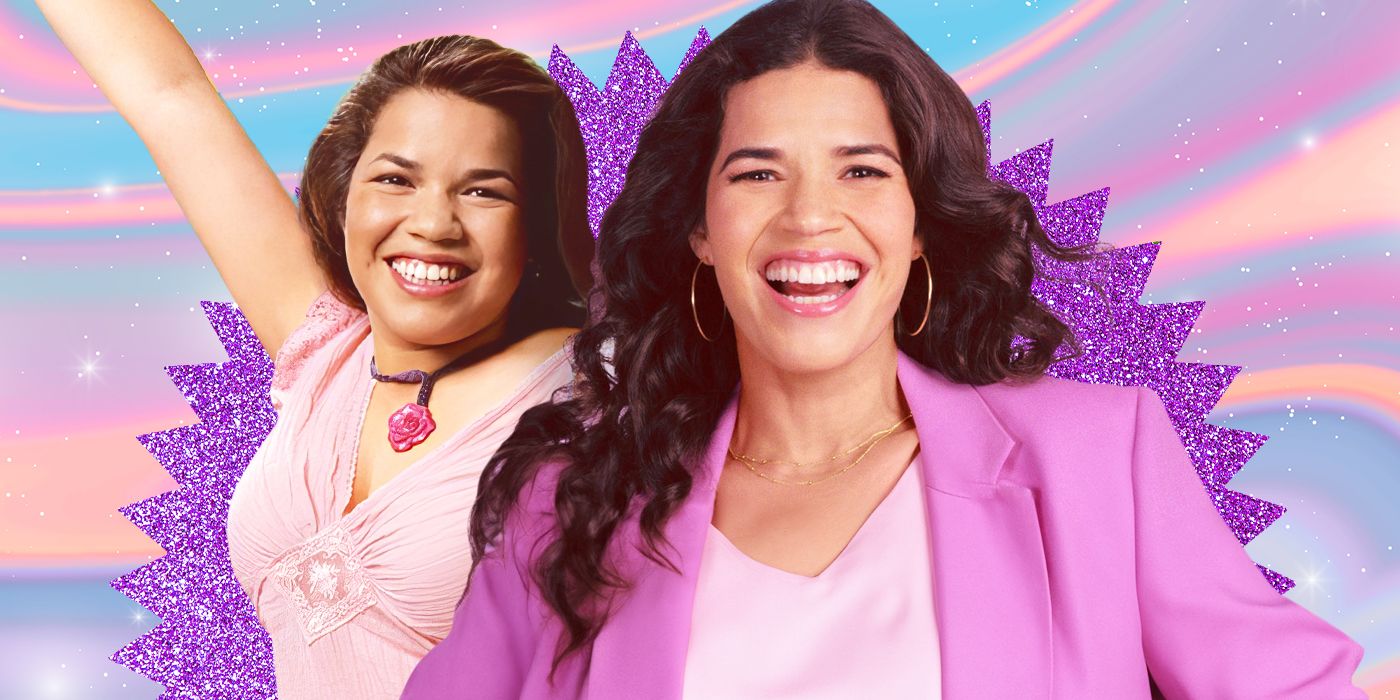American Ferrera in Gotta Kick It Up and Barbie against a purple, sparkly, multicolored background