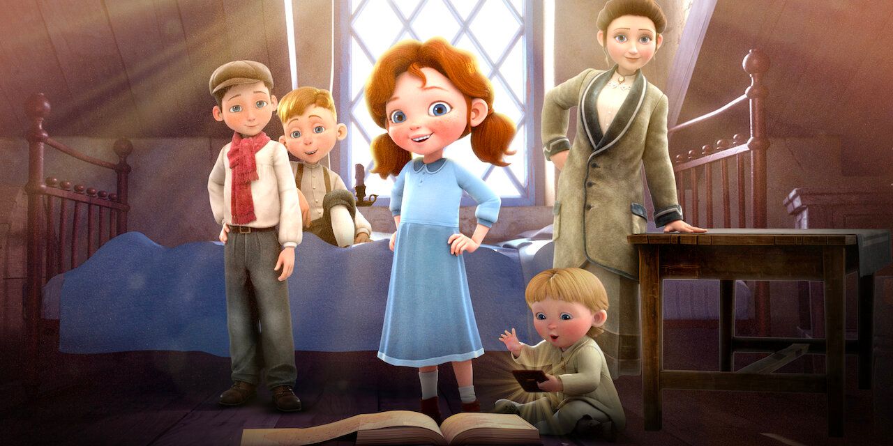 A young girl stands in a bedroom with her family in the animated Christmas film &lsquo;Angela&rsquo;s Christmas Wish&rsquo; (2020)