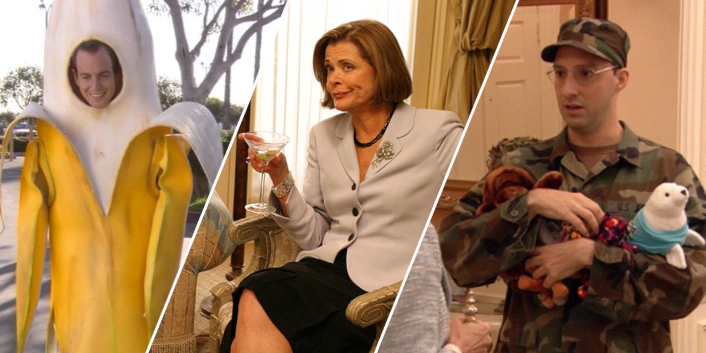 Three stills from 'Arrested Development': Gob (Will Arnett) smiling in a banana costume, Lucille (Jessica Walter) holding a martini looking displeased, Buster in an army uniform holding stuffed animals.