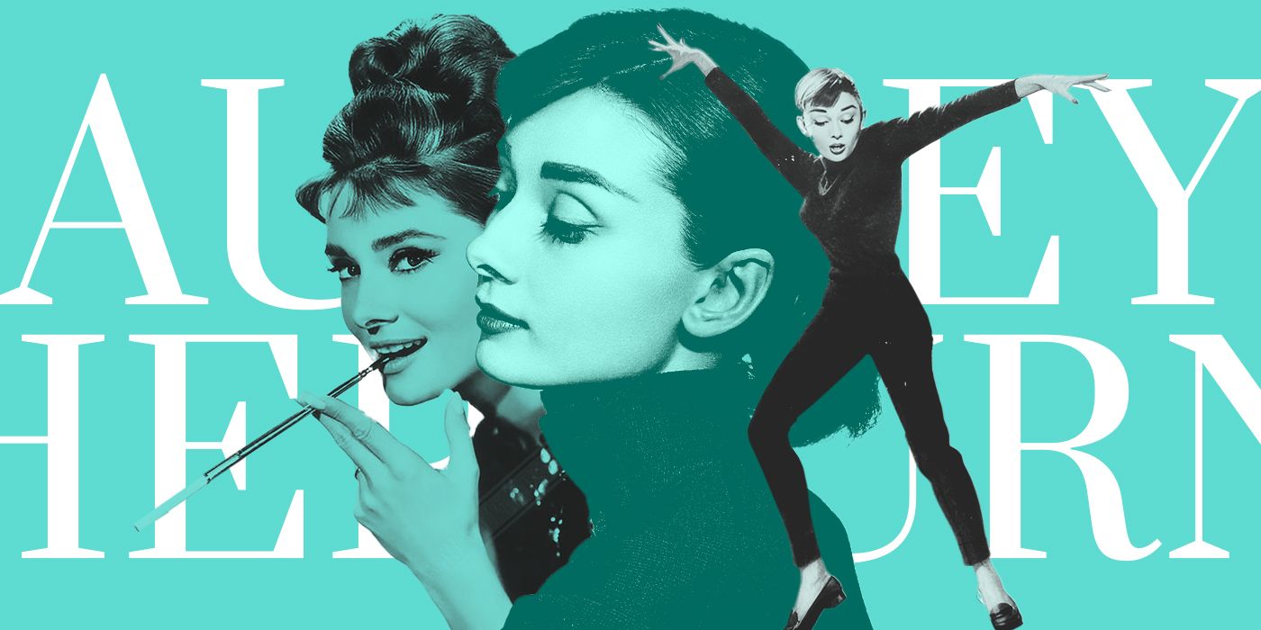 Blended image showing Audrey Hepburn against a backdrop with her name in large letters.