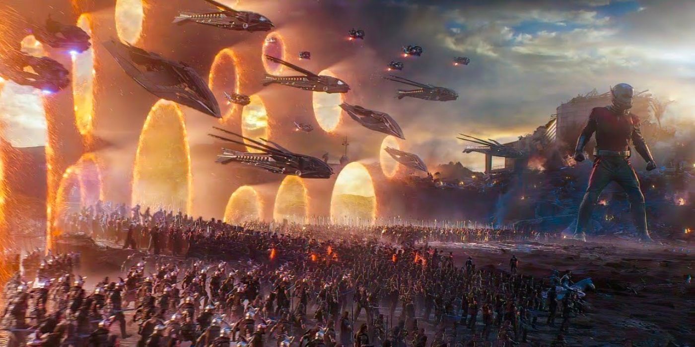 The Final Battle of 'Avengers: Endgame,' with portals opening in the sky