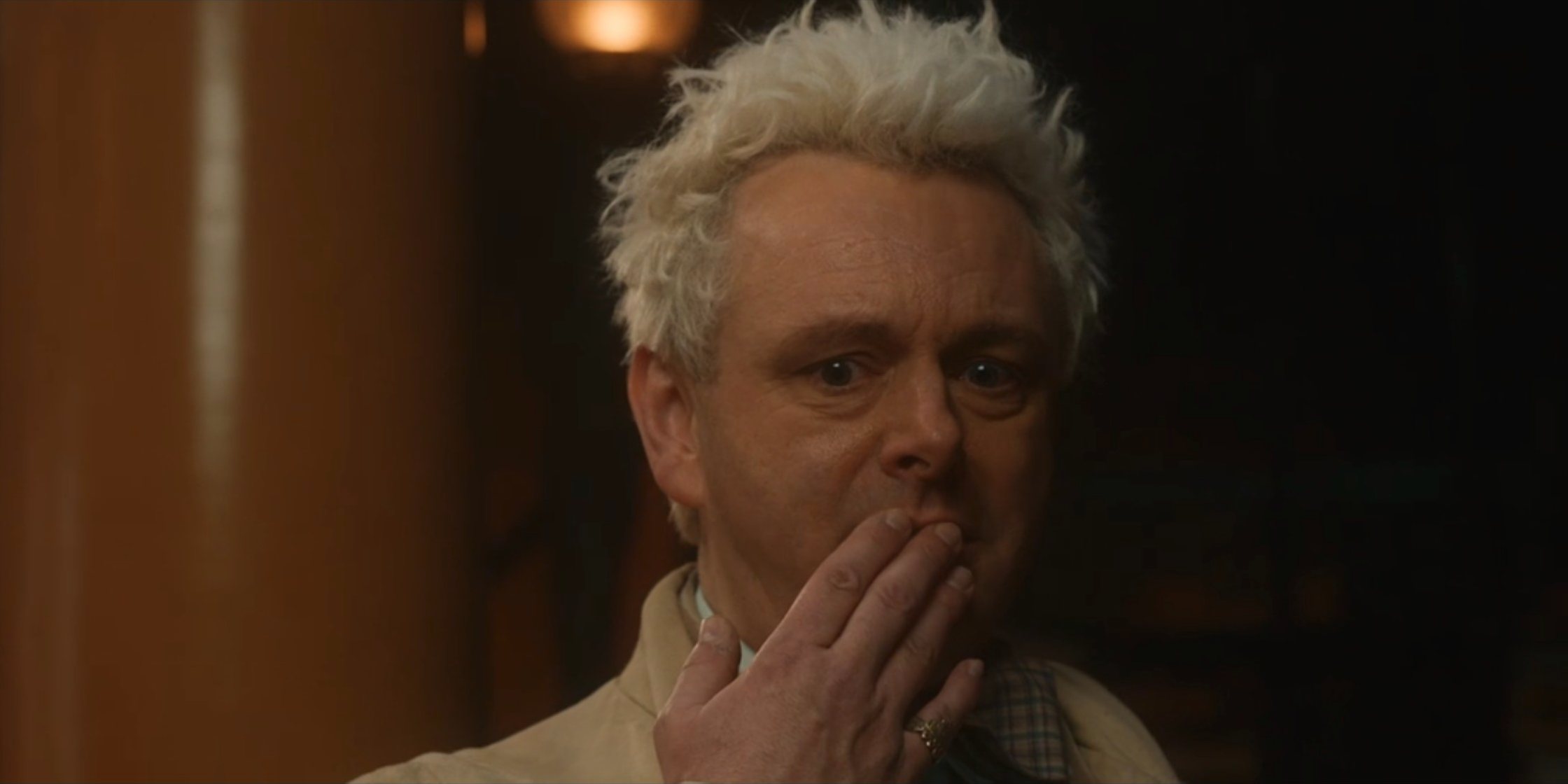 Michael Sheen as Aziraphale after the kiss in Good Omens Season 2