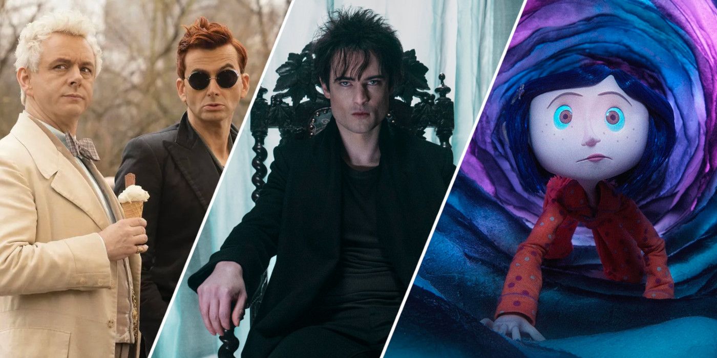 Aziraphale and Crowley from Good Omens, Morpheus from Sandman, and Coraline