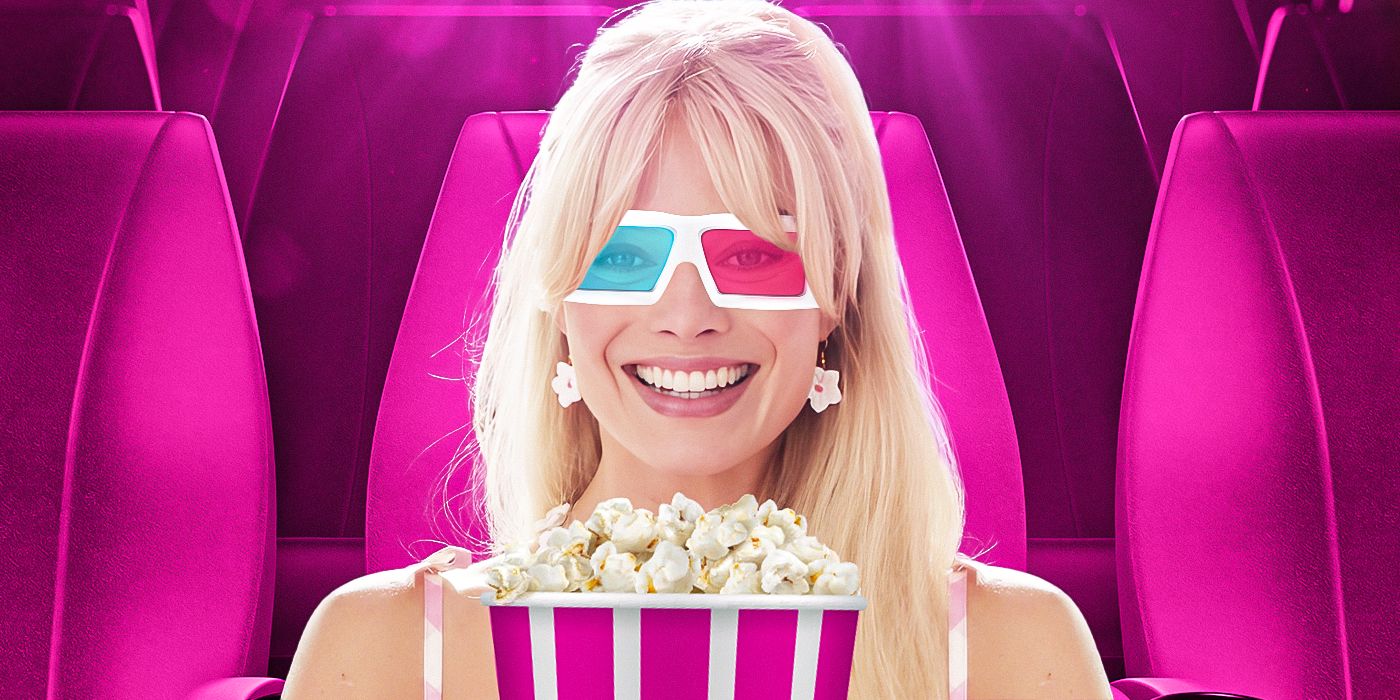 Custom Image of Margot Robbie As Barbie sitting in a theater eating popcorn