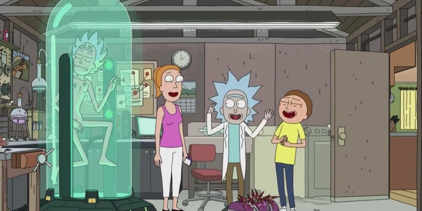 Still from 'Big Trouble in Little Sanchez': Rick is suspended in a vat in his garage next to Summer, Tiny Rick and Morty who are all laughing.