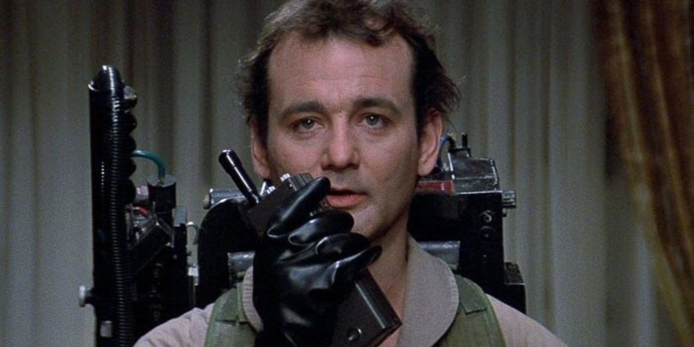 Peter Venkman talking into a walkie-talkie in 'Ghostbusters.' 