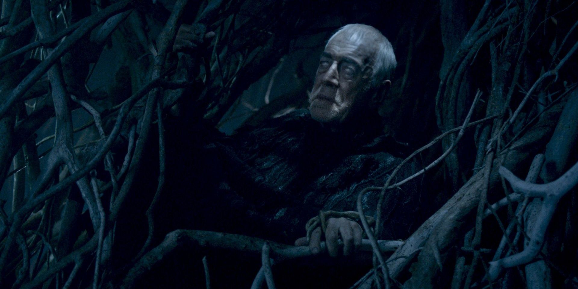 The Three-Eyed Raven with his eyes white surrounded by branches in Game of Thrones.