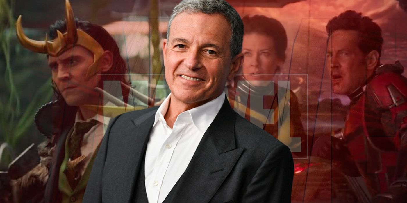 Bob Iger in front of the Marvel studios logo with Loki and Ant-Man behind him