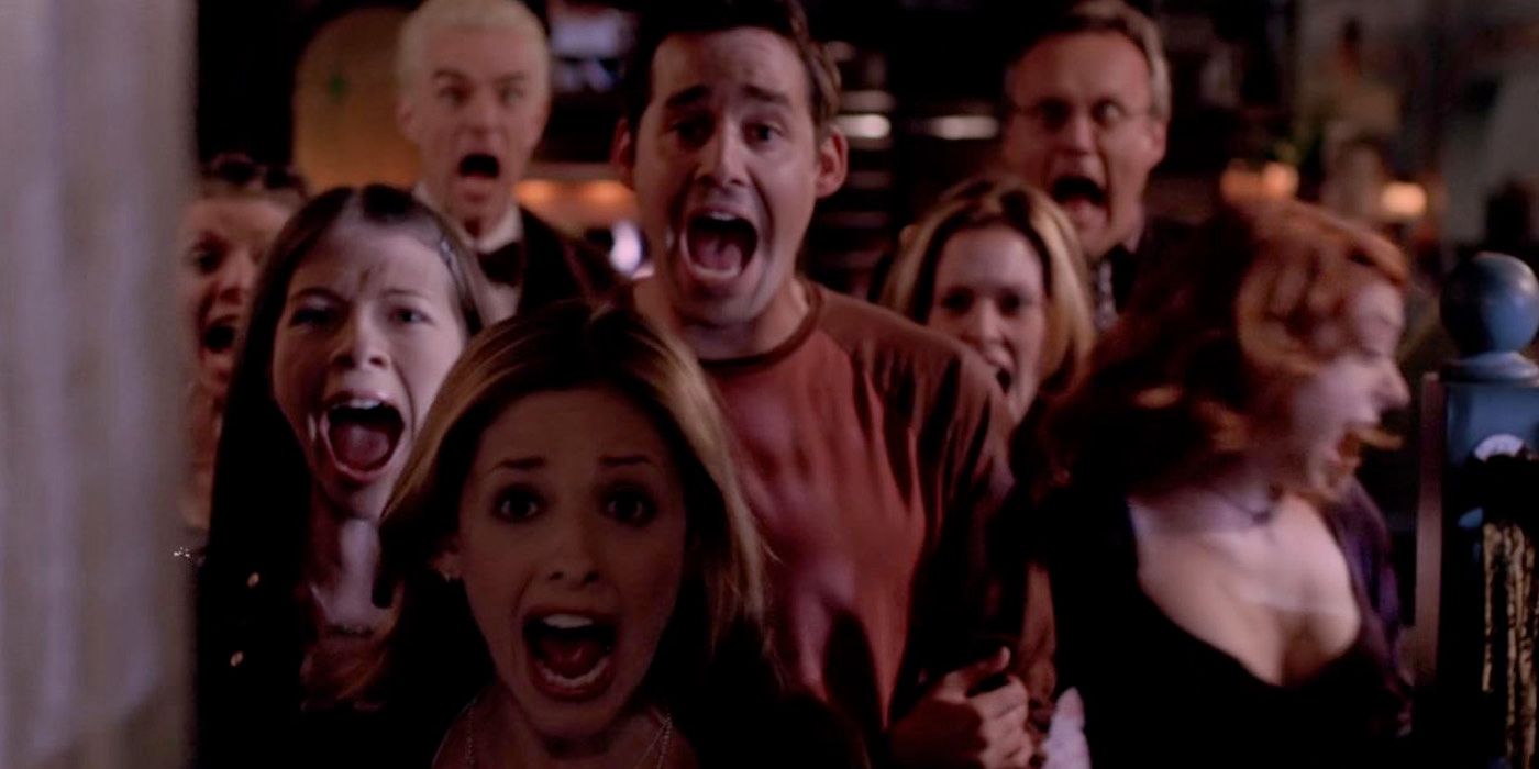 The cast of Buffy the Vampire Slayer screaming in terror
