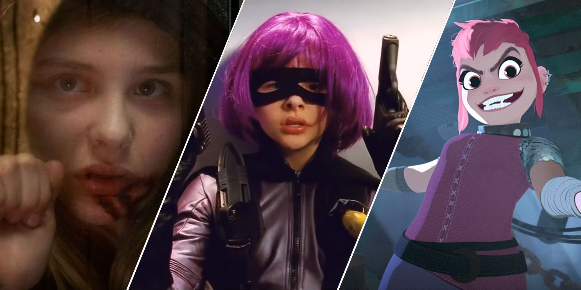 A collage of performances from actress Chloe Grace Moretz, featuring her roles in Let Me In, Kick-Ass, and Nimona