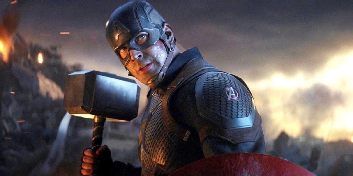 Chris Evans as Captain America wielding Thor’s hammer Mjolnir in Avengers:Endgame