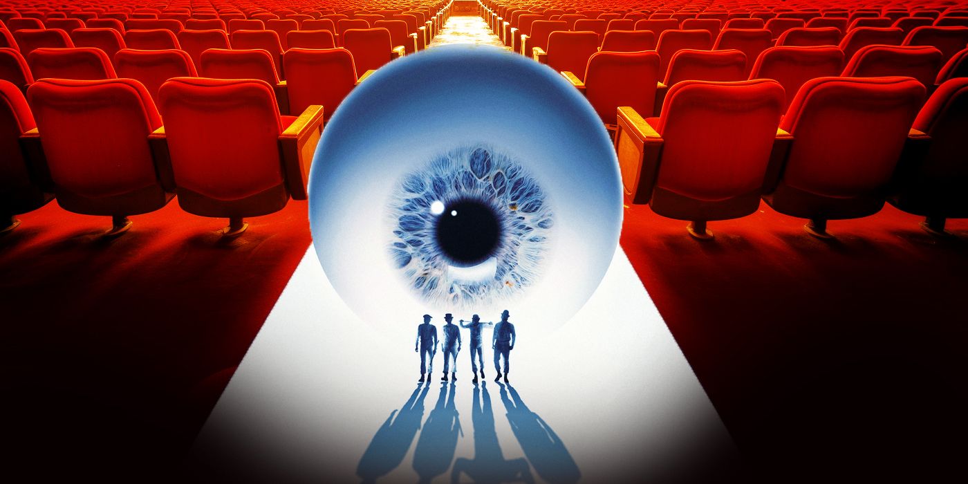 Custom image of the Droogs from A Clockwork Orange standing in front of a giant eyeball in a movie theater