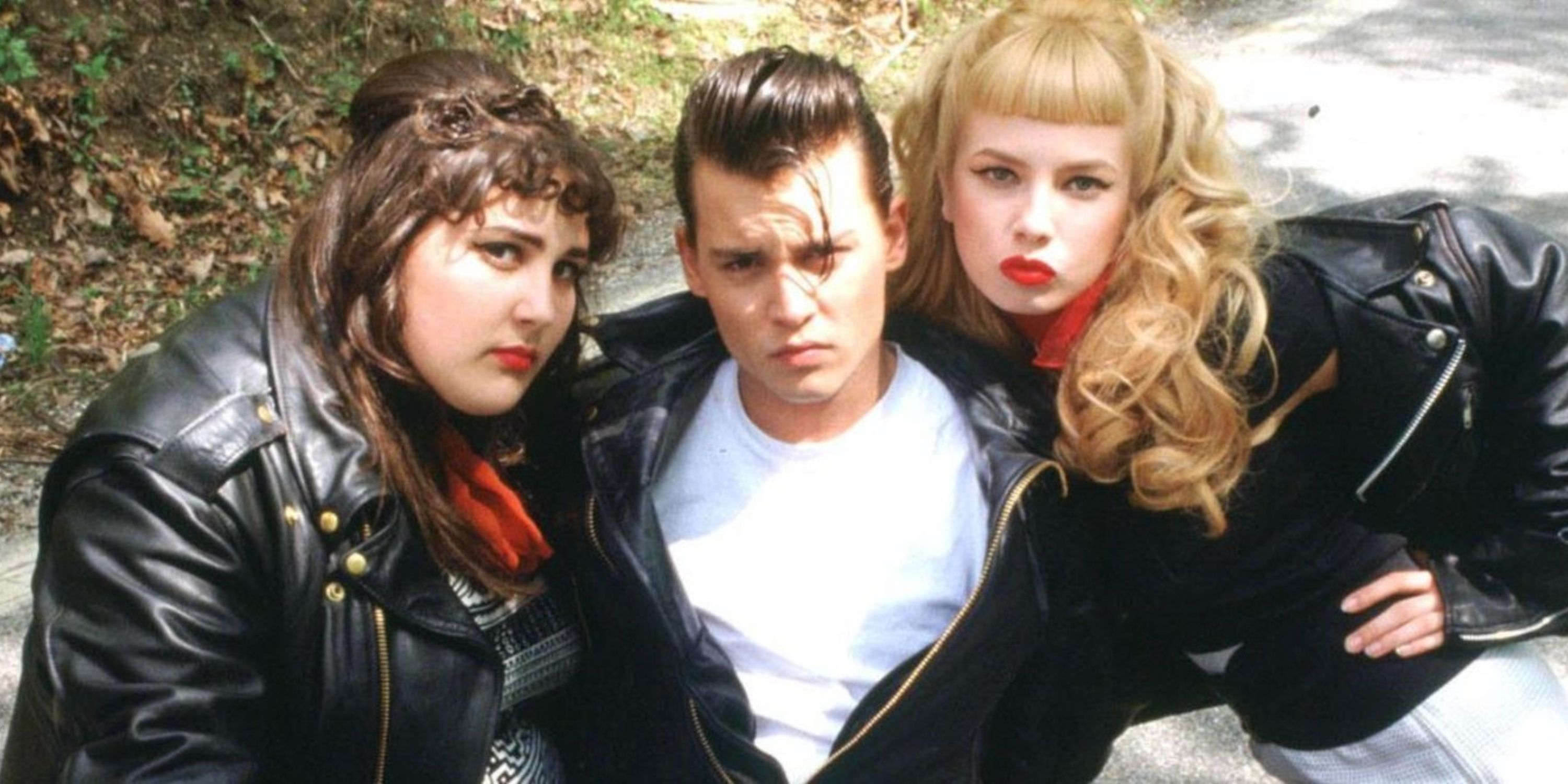Ricki Lake, Johnny Depp & Traci Lords wear leather jackets & pose for the camera in Cry-Baby