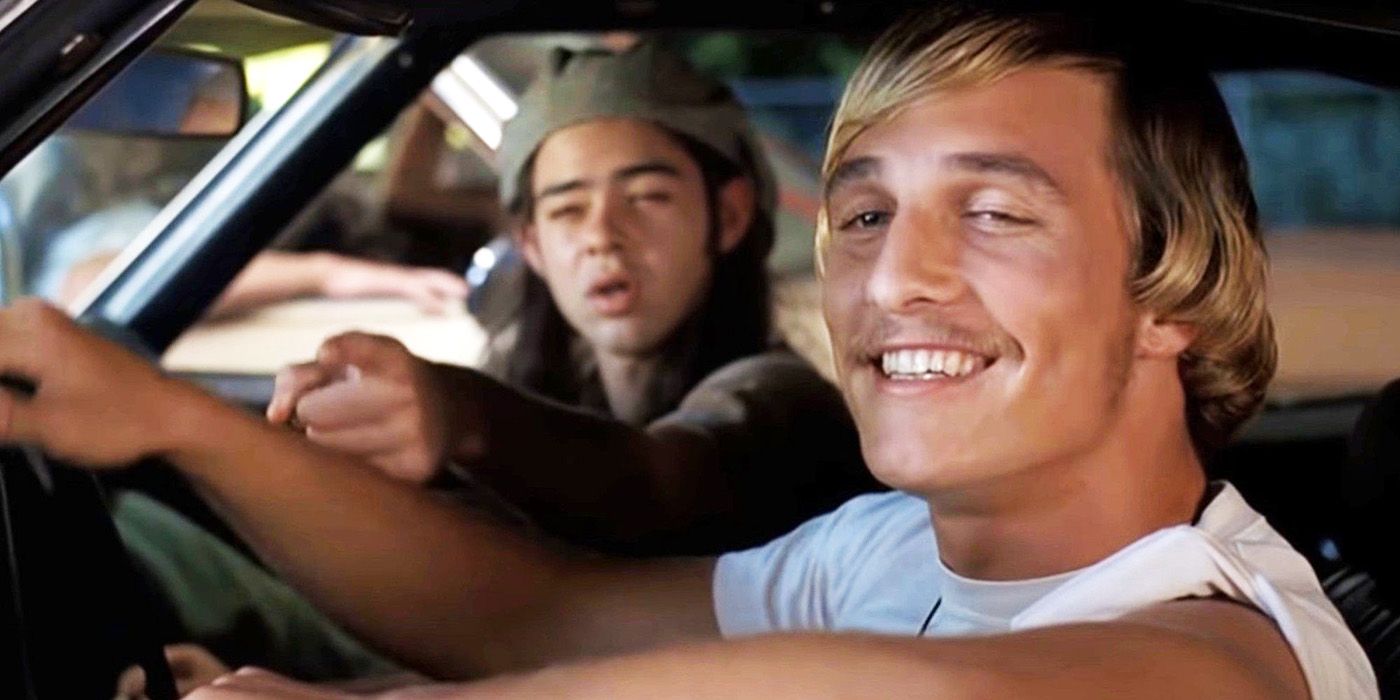 Matthew McConaughey smiling from inside a car in 'Dazed and Confused'.