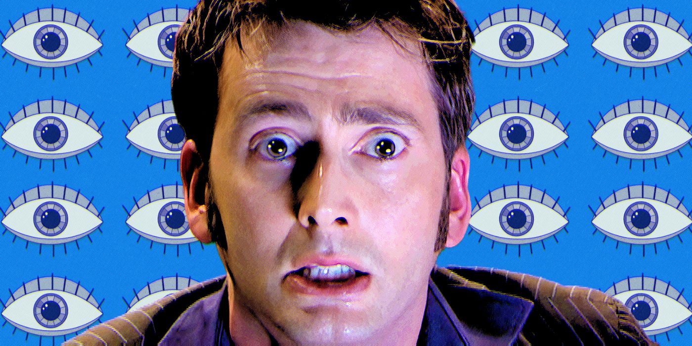 A custom image of David Tennant's Doctor set against a blue background of eyeballs