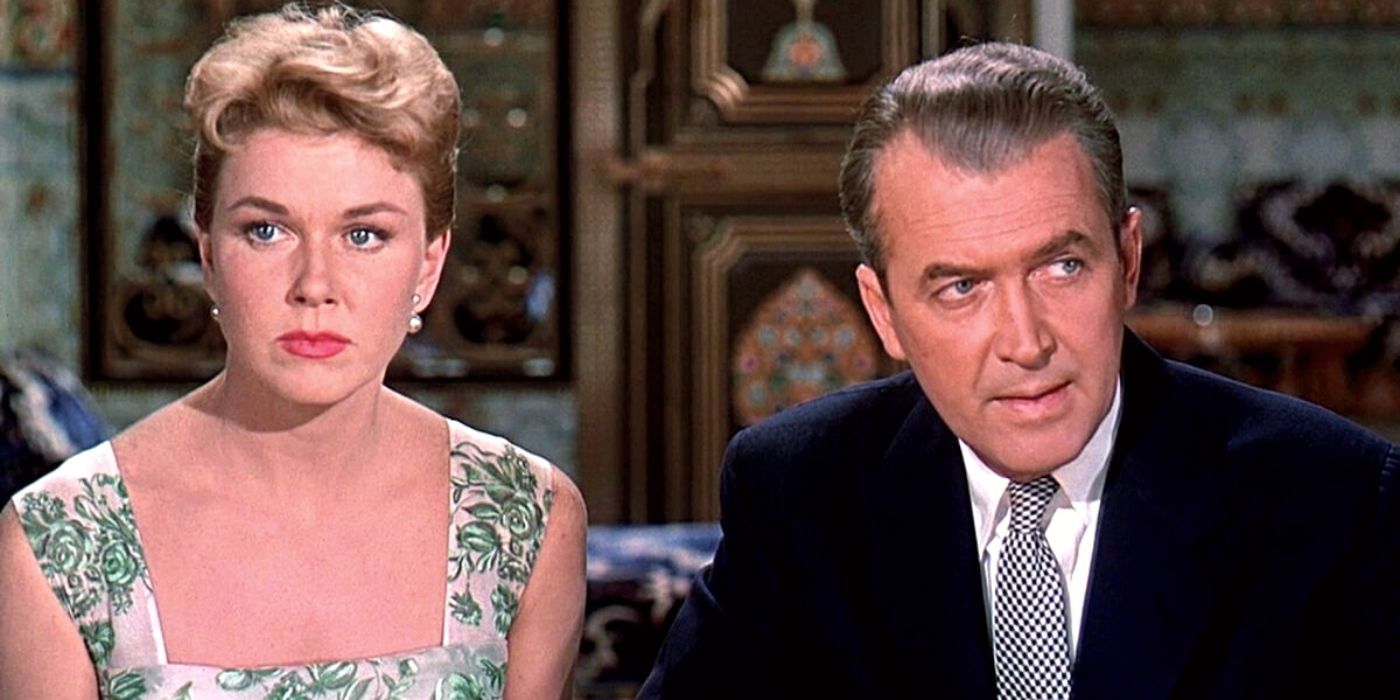 Doris Day sitting next to Jimmy Stewart in The Man Who Knew Too Much (1956)