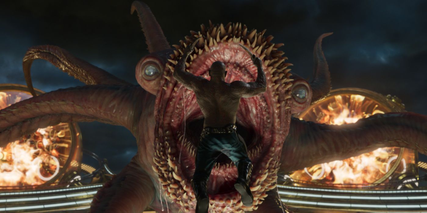 Drax (Dave Bautista) jumping into the maw of an Abilisk.