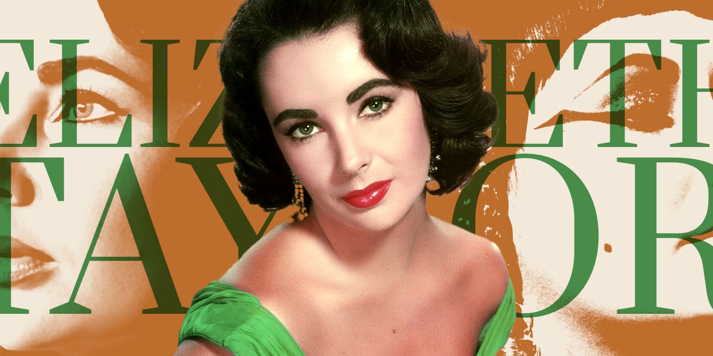 Blended image showing Elizabeth Taylor with her name in large letters in the background.