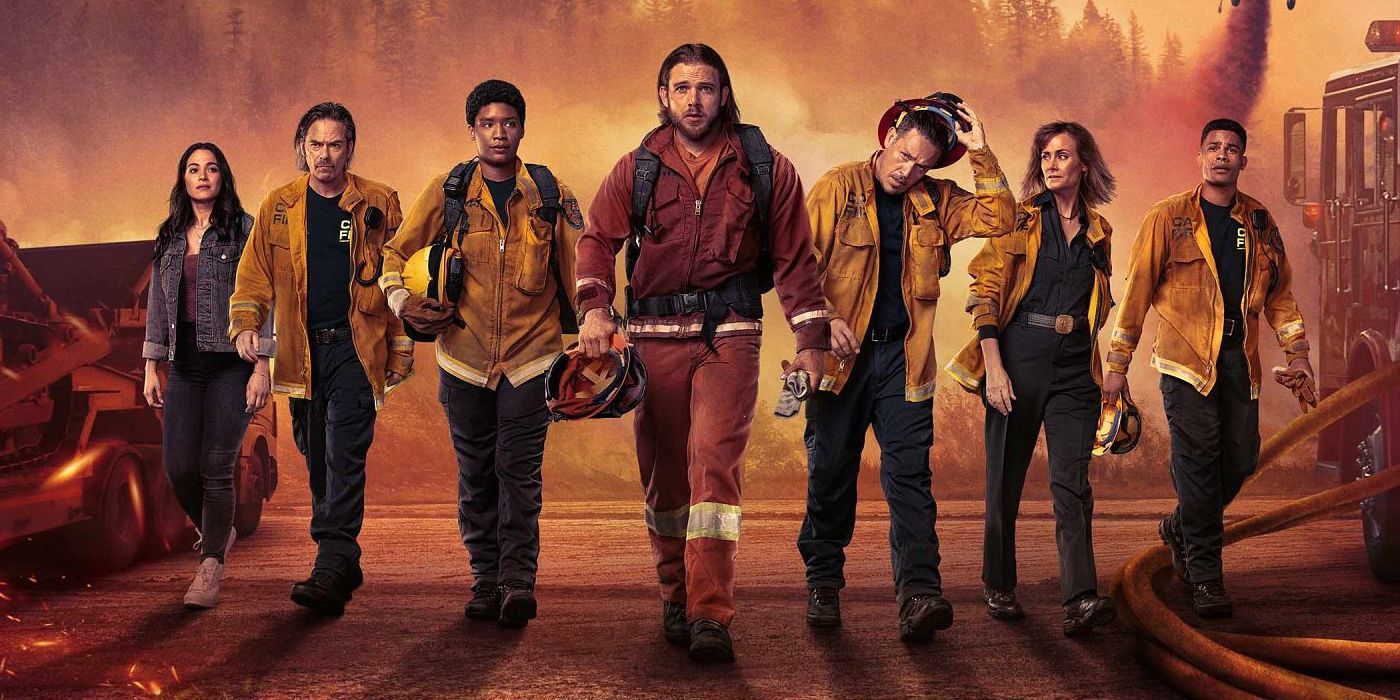 Cast of Fire Country standing in formation on a cropped poster