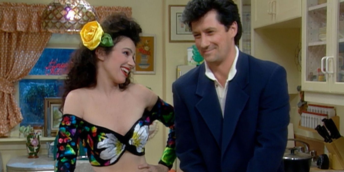 Fran Drescher and Charles Shaugnessy as Fran and Mr. Sheffield in The Nanny