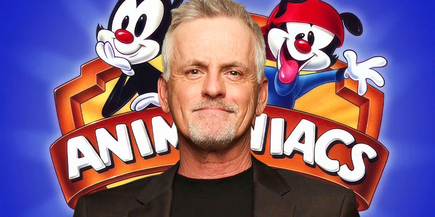 Voice actor Rob Paulsen, with the Warner Siblings of the Animaniacs in the background