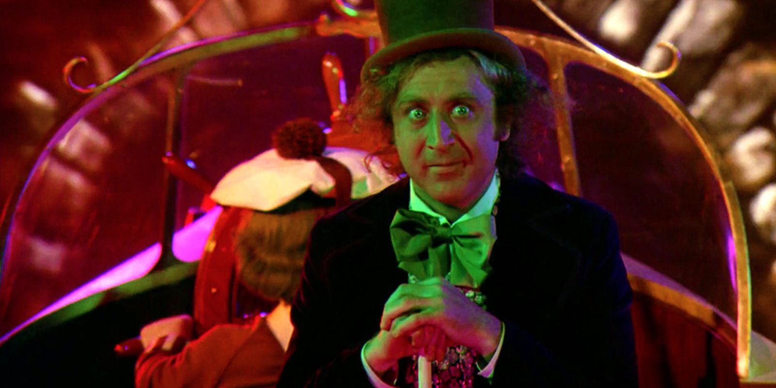 Gene Wilder in 'Willy Wonka and the Chocolate Factory' going through a colorful tunnel
