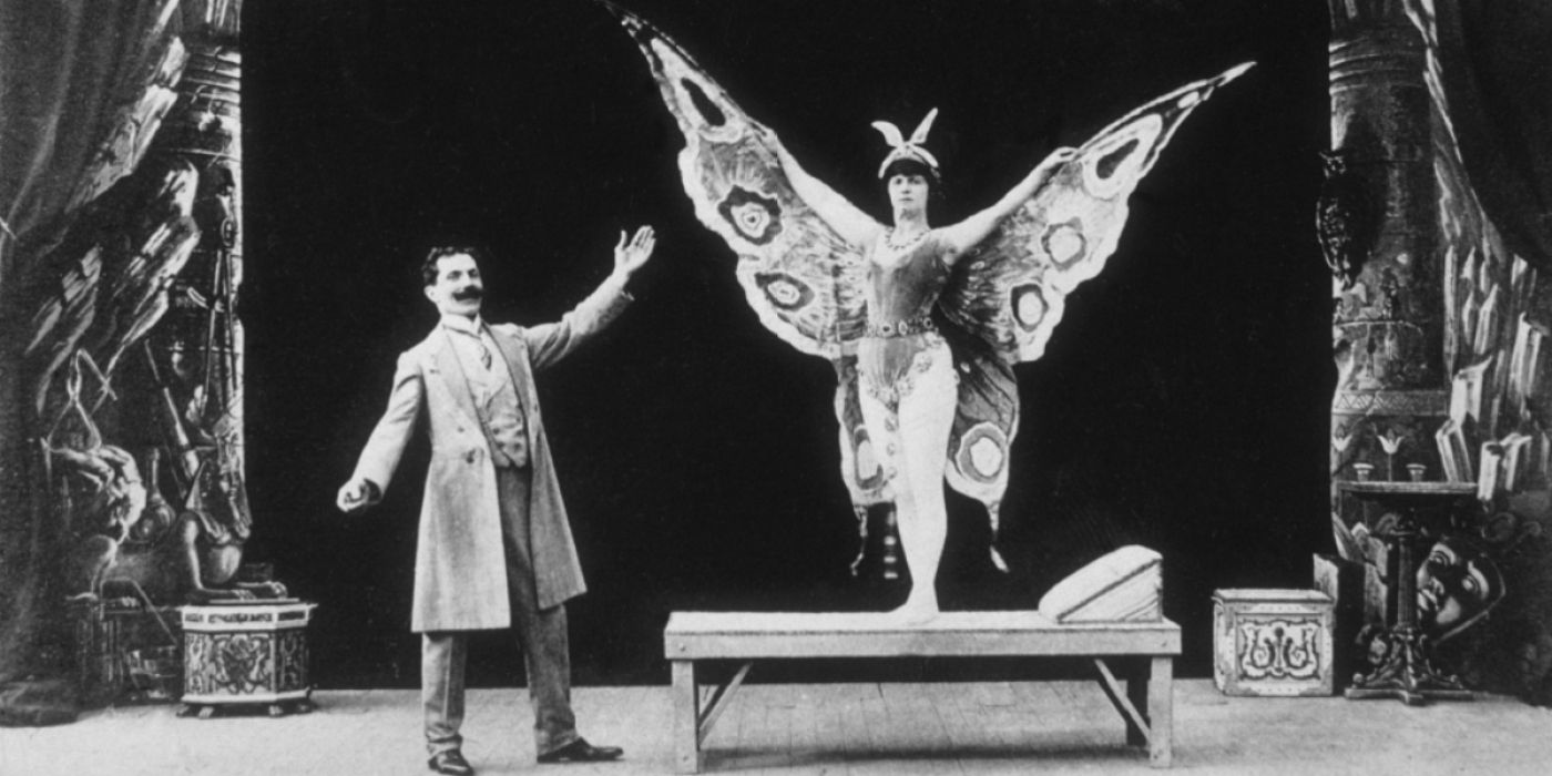 'A Trip to the Moon' director Georges Méliès with a woman in a butterfly dress. 
