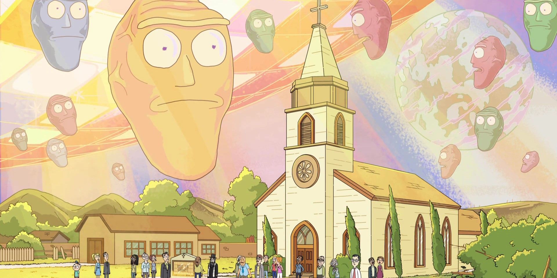 Still from 'Get Schwifty': multicoloured giant heads fill the sky surrounding a church as the congregation stand around outside.