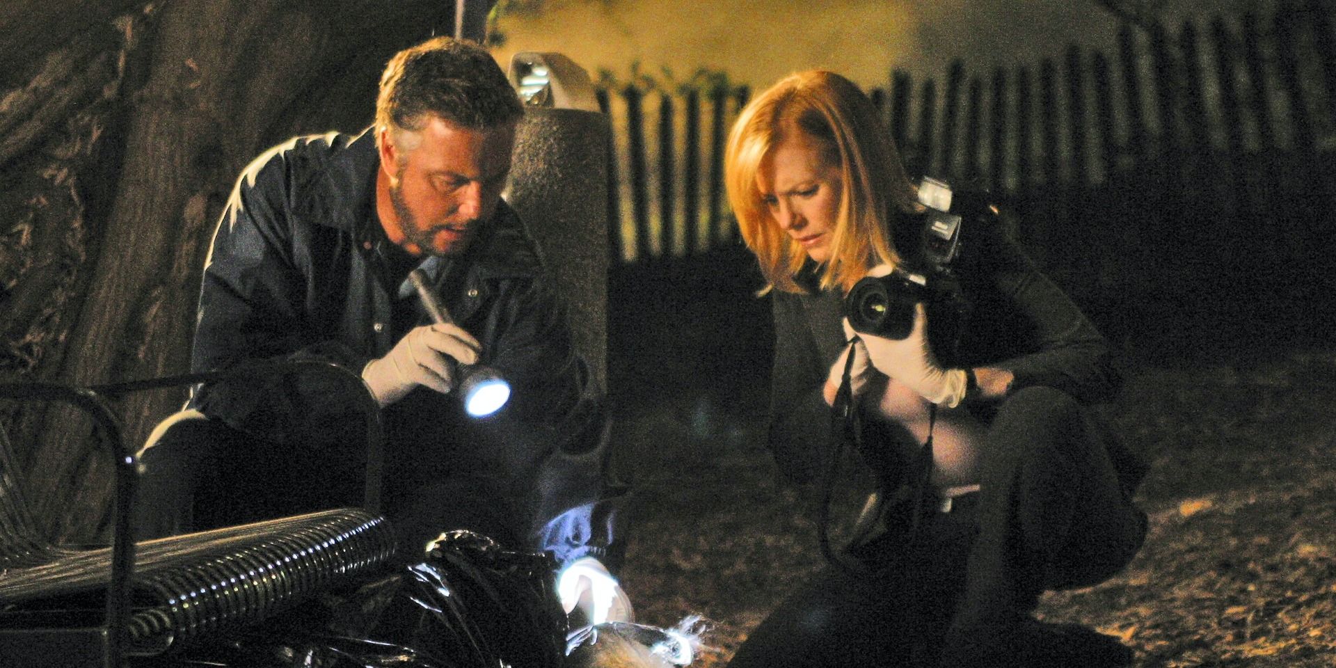 Grissom and another detective investigate a crime scene in a CSI night park.