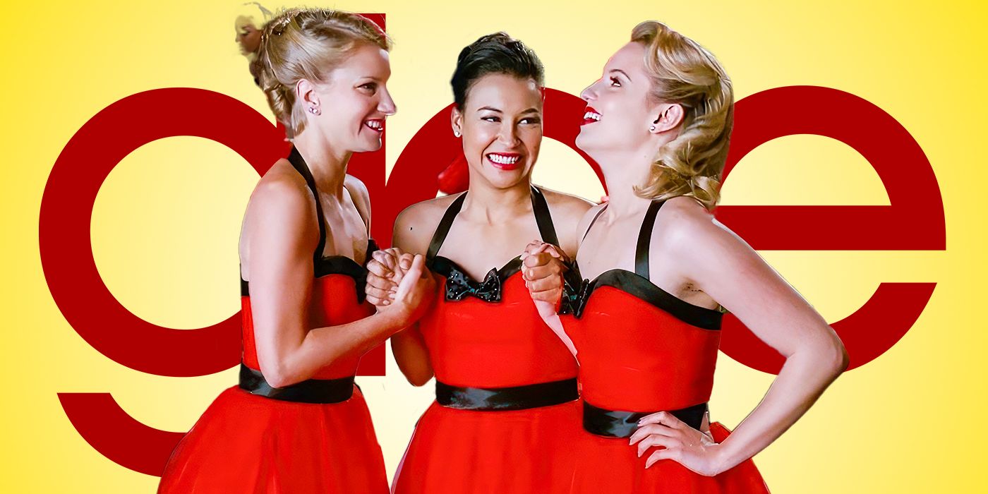 from L to R: Lea Michele as Rachel Berry, Naya Rivera as Santana Lopez, and Heather Morris as Brittany Pierce.
