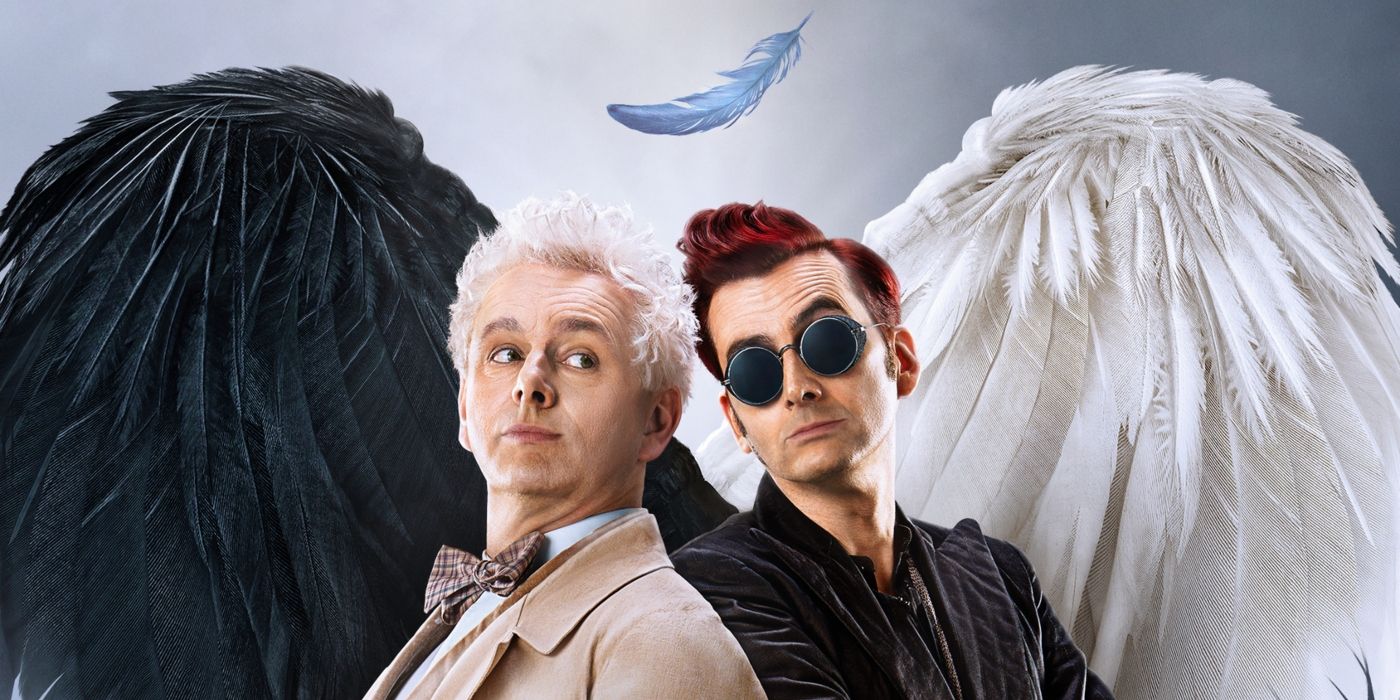 David Tennant as Crowley and Michael Sheen as Aziraphale in front of black and white wings in the shape of a heart on the Good Omens Season 2 Poster