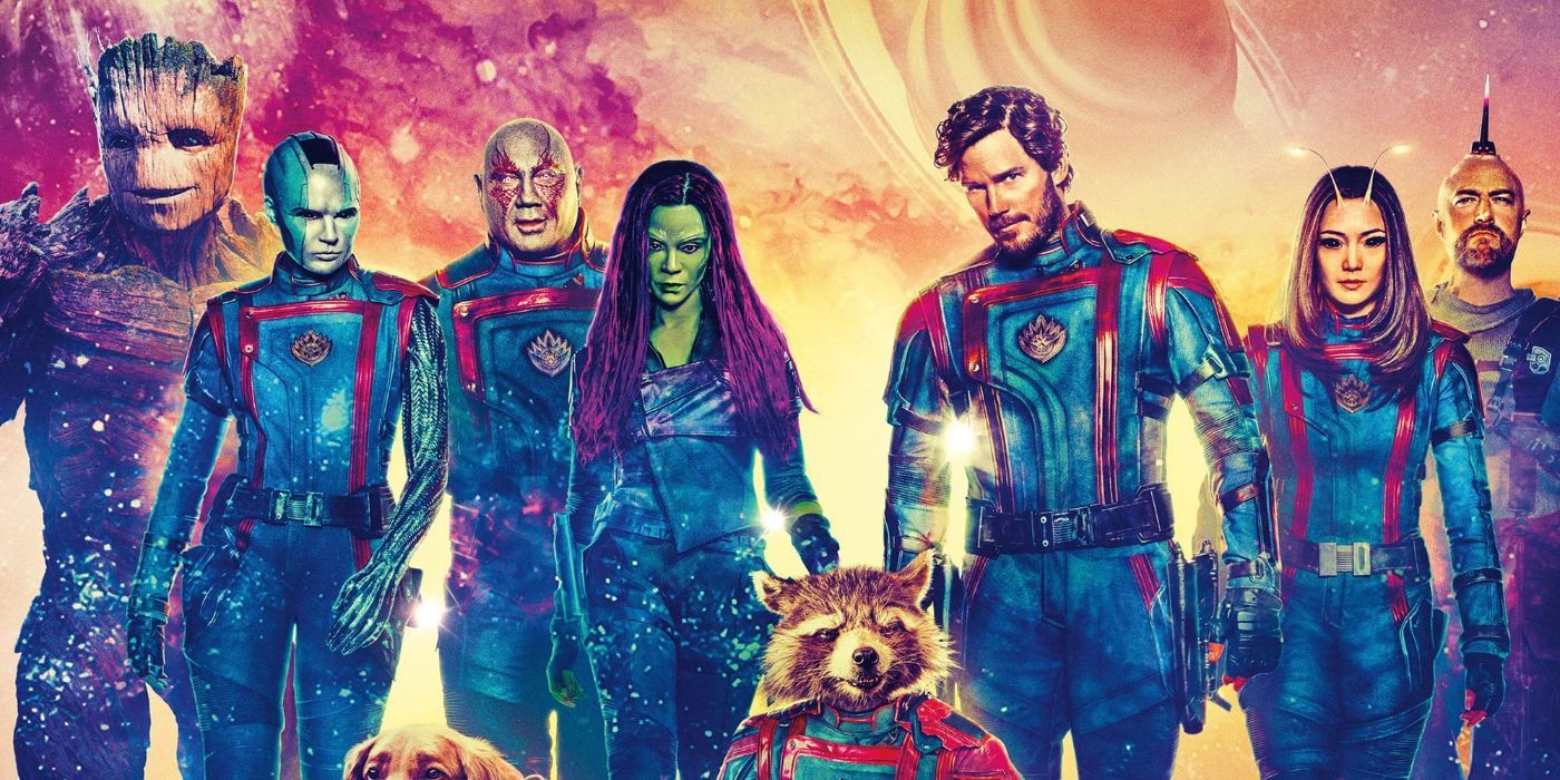 A poster showing the Guardians of the Galaxy - Groot, Nebula, Drax, Gamora, Rocket, Star-Lord, Mantis and Kaglin - lined up