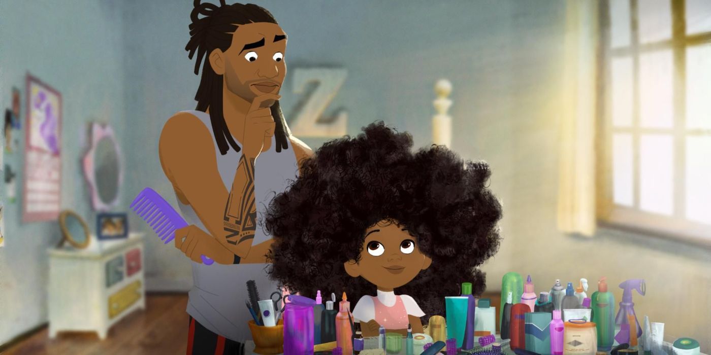 A Black father styles his daughter's hair in Hair Love 