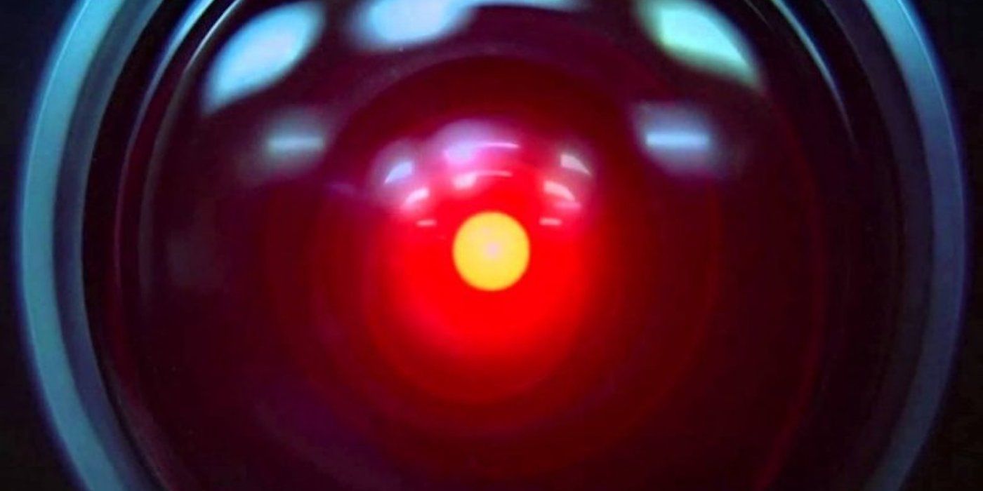 A close-up of HAL 9000's camera lens with a bright red light in 2001 A Space Odyssey