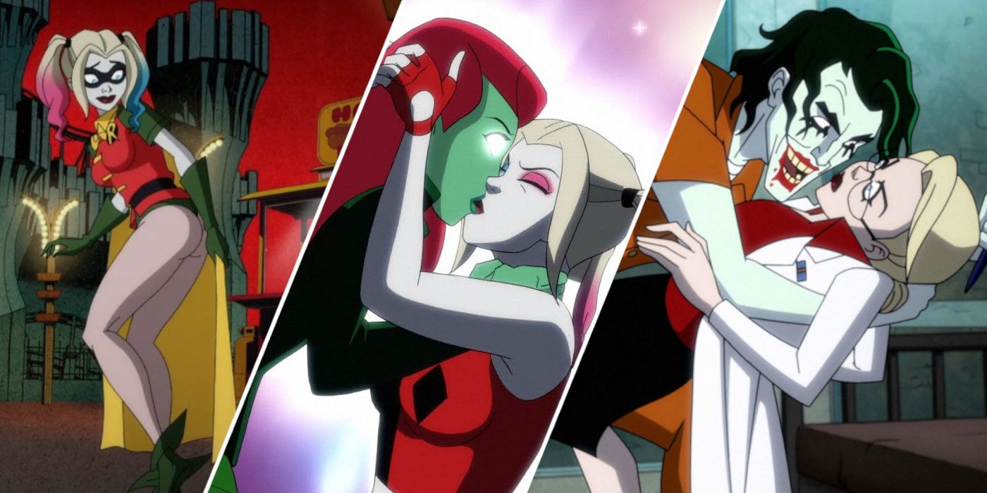 Split image showing Harley, Poison Ivy, and Joker in Harley Quinn