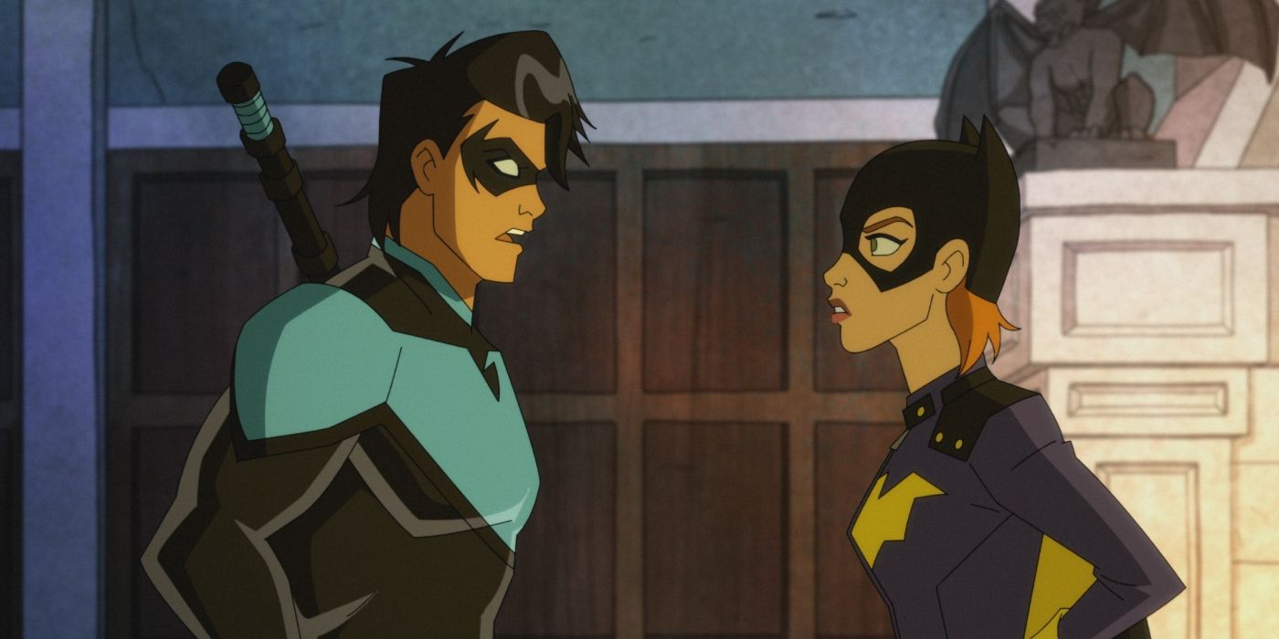 Nightwing e Batgirl conversando com raiva com as mãos na cintura na terceira temporada de Harley Quinn