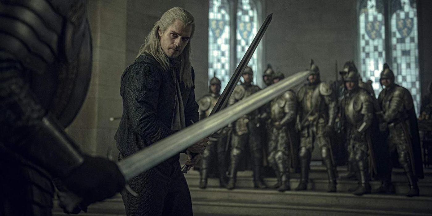 Henry Cavill as Geralt of Rivia fighting a knight in court in The Witcher  Season 1