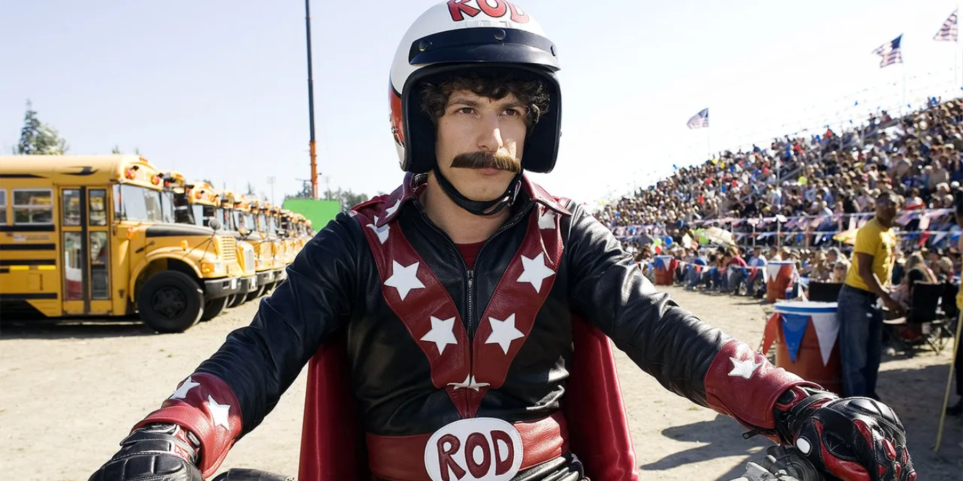 Andy Samberg as Rod Kimble about to jump 15 school buses on a dirt bike in Hot Rod