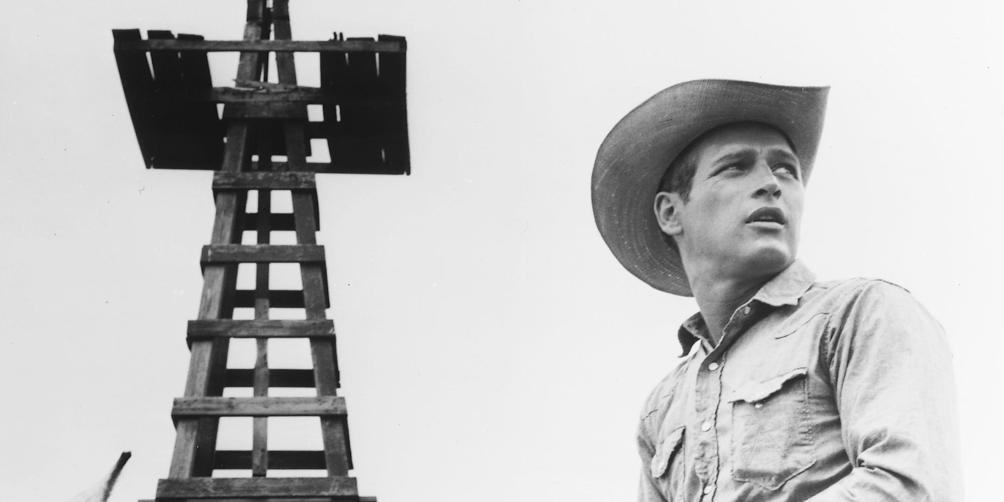 Paul Newman as Hud turning back to look into the distance in the film Hud.