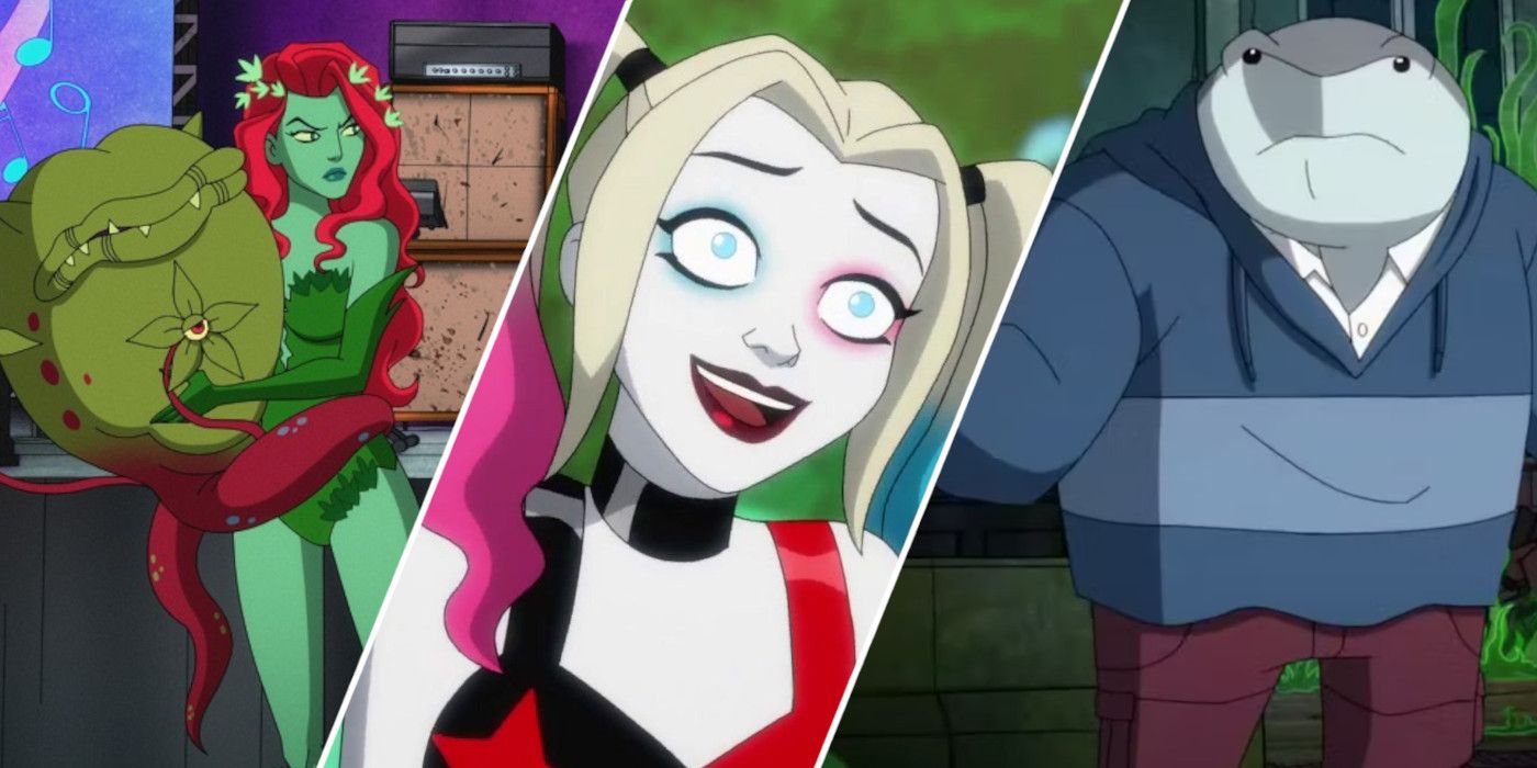 Split image showing Ivy and Frank, Harley, and King Shark in Harley Quinn